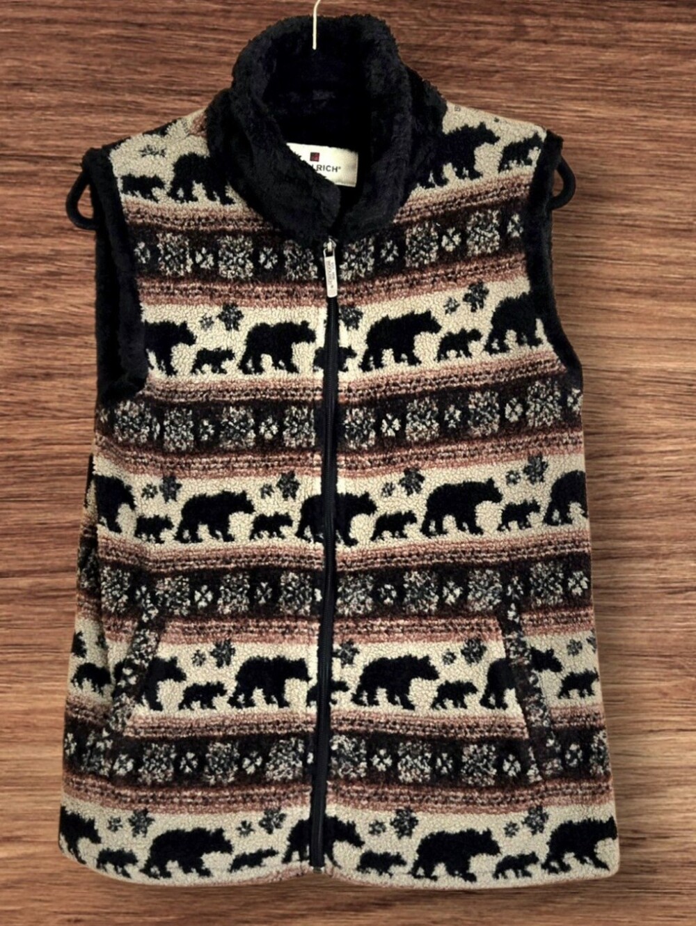Vtg Woolrich Fleece Bear Stripe Vest Zip Front Outdoor Wildlife Sz M Cozy Cabin